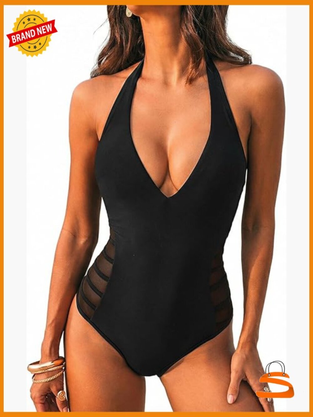 One Piece Swimsuit Deep V Neck Halter Tie Mesh Tummy Control